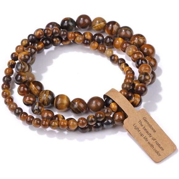3 PCS 4,6,8mm Tiger Eye Healing Natural Stone Beaded Stretch Bracelet for Women - Picture 1 of 6
